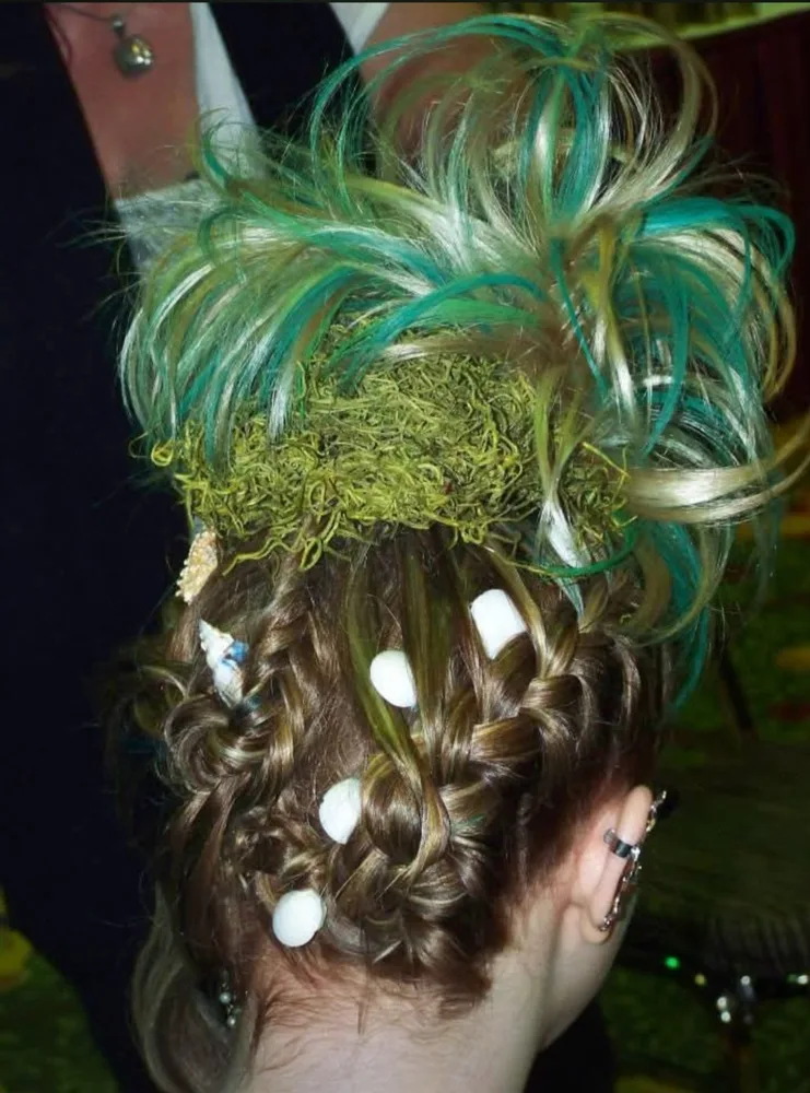 Fantasy avant-garde green hair color by Kay at KC Clippers Salon